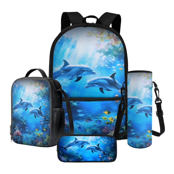 ZUXONGSY Dolphin Coral Clownfish Print 4 Pack Kid Backpack with Lunchbox for School School Bookbag Set with Zipper Pencil Case and Water Bottle Holder Elementary Bookbags Back to School Gifts