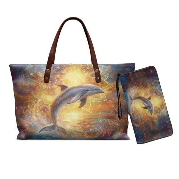 ZUXONGSY Dolphin Mandala Print Top Handle Handbag Set with Wristlet Wallet Pu Leather Wallet and Purse Set Lightweight Shoulder Purse with Matching Clutch for Travel