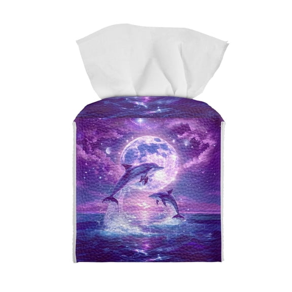 ZUXONGSY Dolphin Moon Square Tissue Box Covers Modern PU Leather Tissue Holder Decorative Tissue Box Covers Square Bathroom Tissue Box Holder Waterproof Tissue Cover Home Decor