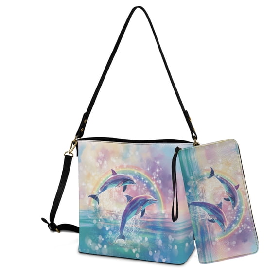 ZUXONGSY Dolphin Sea Rainbow Print Large Top-Handle Handbags with Purse for Women, Waterproof Crossbody Hobo Bag with Wallet Set for Shopping Working