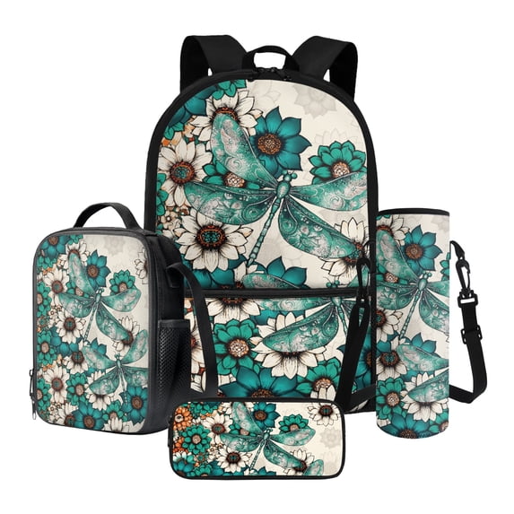 ZUXONGSY Dragonfly Boho Mandala Print 4Pcs Kids Backpack Sets 4 in 1 Primary Schoolbag with Lunch Bag Pencil Case and Water Bottle Holder School Bag with Front Zipper Pocket for Girls Boys