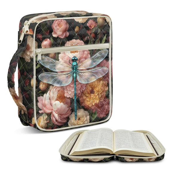 ZUXONGSY Dragonfly Camellia Print Bible Case for Women Quilted Bible Carrying Case Large Christian Gift with Pen Slots Handbag for Daily Use