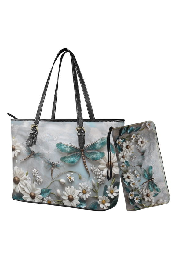 Dragonfly Daisy Flower Print Lightweight Shoulder Bag for Women Large Capacity Purse and Wallet Set Hobo Bag with Top Handle for Shopping Work