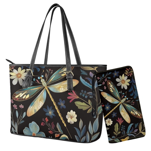 ZUXONGSY Dragonfly Daisy Flower Print Wallet and Purse Set Top Handle Handbag with Wristlet Wallet Set Lightweight Leather Tote Bag Hobo Bag with Purse for Women