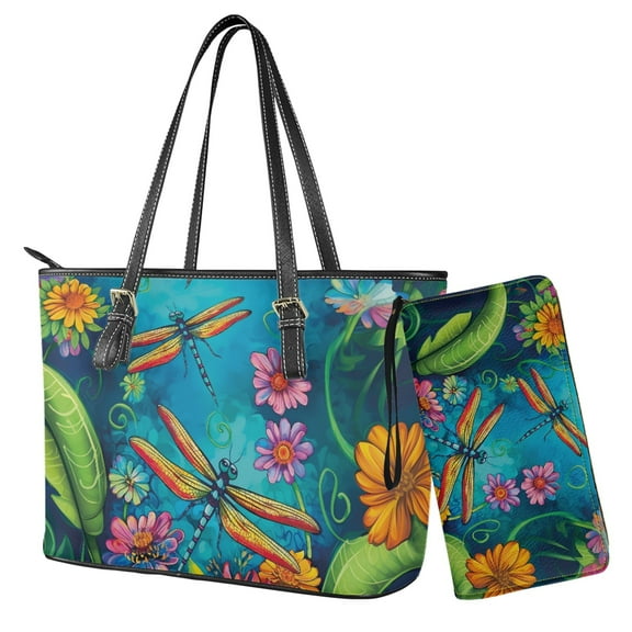 ZUXONGSY Dragonfly Daisy Flower Print Womens Wallet and Purse Set Tote Bag Hobo Shoulder Handbag with Matching Purse Pu Leather Top Handle Handbag
