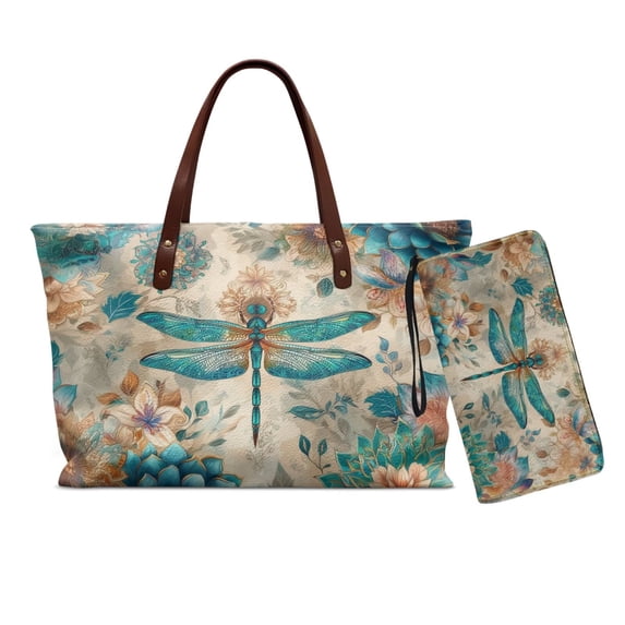 ZUXONGSY Dragonfly Lotus Print Handbag with Matching Wallet for Ladies Girls Fashion Top Handle Satchel Shoulder Bag with PU Cash Wallet Top Handles Work Bag Tote Bag for Hiking Travel