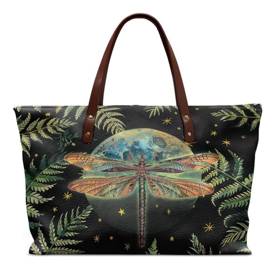 ZUXONGSY Dragonfly Moon Leaf Print Handle Handbag for Women Pu Leather Tote Bag Portable Satchel Handbags with Inner Pocket for Travel Vacation