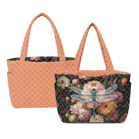 ZUXONGSY Dragonfly Peony Print Tote Bag Casual Reversible Quilted Underarm Bag Lightweight Women's Purse for Outdoor Activities Gym Weekend, Orange