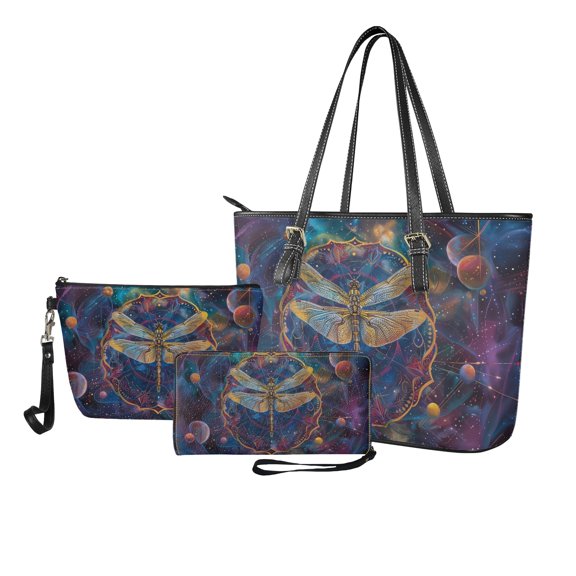 ZUXONGSY Dragonfly Planet Galaxy Print Tote Bag with Casual Makeup Bag Purse for Women PU Leather Top Handle Satchel Set with Practicality Travel Toiletry Bag Slim Wallet for Business Shopping