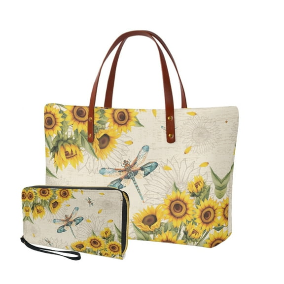 ZUXONGSY Dragonfly Sunflower Print 2 Pack Tote Bag and Slim Wallet Set for Women Large Handbags Top Handle Satchel Shoulder Bag with Money Organizers for Excursions Travel