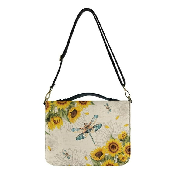 ZUXONGSY Dragonfly Sunflower Print Bible Case for Men Women Leather Bible Cover Large Bible Bag with Shoulder Strap and Handle Zippered Bible Protective Carrier Sturdy Scripture Bag, L