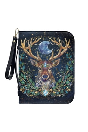 Dreamy Elk Olive Leaf Moon Print PU Leather Bible Cover for Women Men Multifunctional Bible Protective Carrier with Detachable Wristlet Strap Scripture Bag for Daily Use Bible Gift, XL
