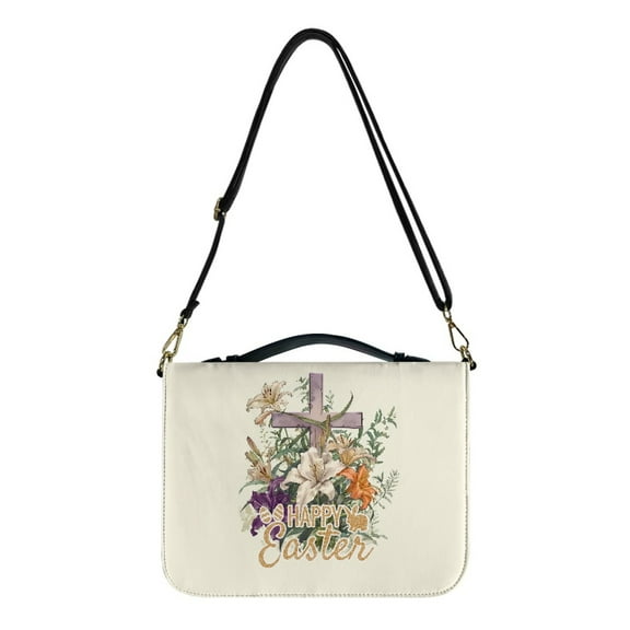 ZUXONGSY Easter Cross Lily Flower Print Pu Leather Bible Cover for Men Women Large Bible Carrying Case with Adjuatable Strap Lightweight Bible Accessories for Religious, -L