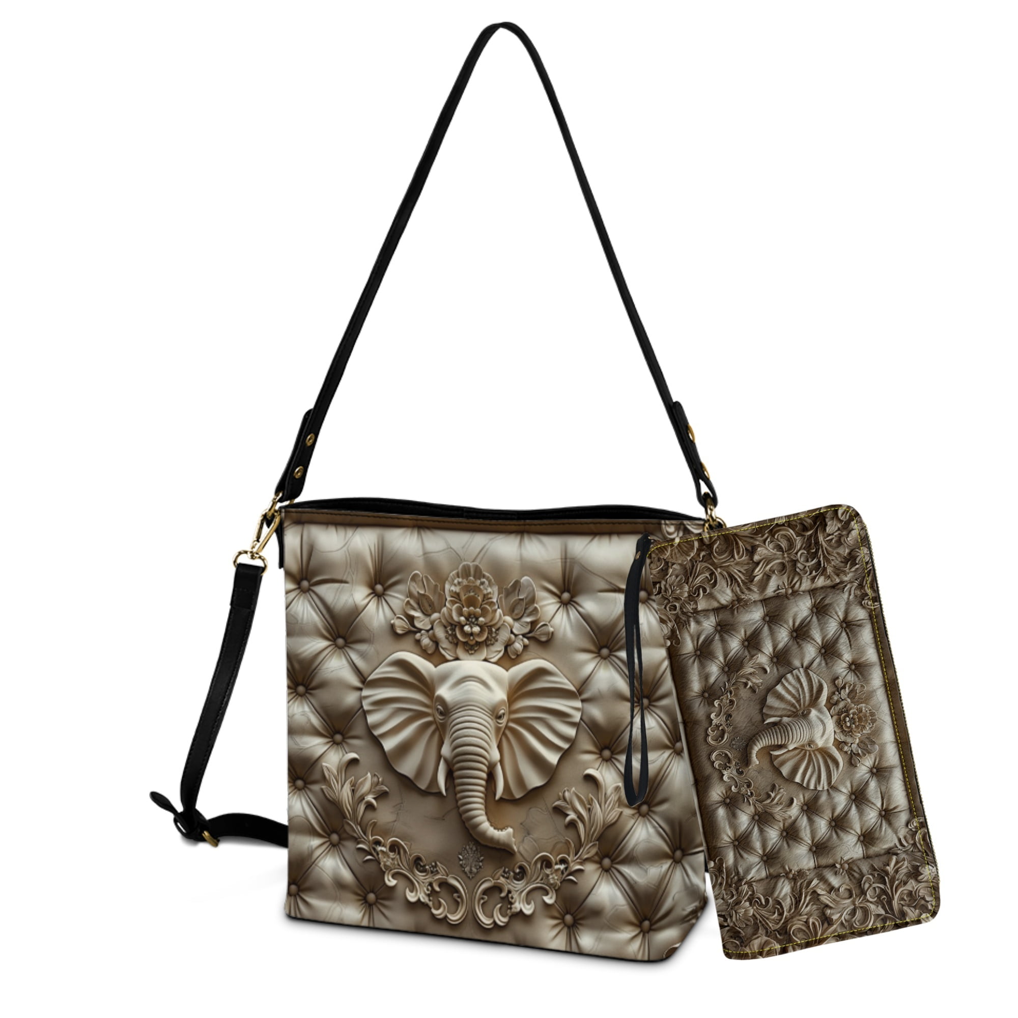 ZUXONGSY Elephant Flower Print Bucket Crossbody Bag Set for Women Lady Lightweight Crossbody Hobo Bag with Wallet Set Large 2 Pcs Bucket Purse Set for Shopping
