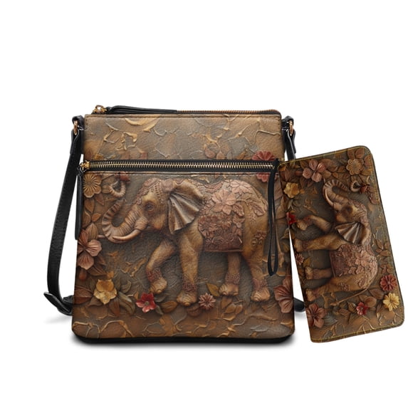 ZUXONGSY Elephant Flower Print PU Leather Crossbody Hobo Bag and Wallet Set for Women, Adjustable Strap, Perfect for Travel, Work & Shopping