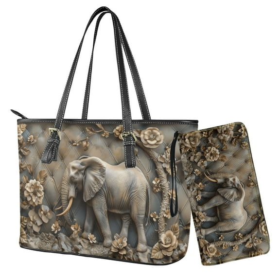 ZUXONGSY Elephant Flower Print Wallet and Purse Set Top Handle Handbag with Wristlet Wallet Set Lightweight Leather Tote Bag Hobo Bag with Purse for Women
