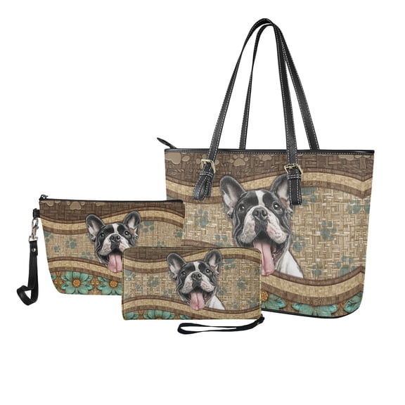 ZUXONGSY Falcon Dog Daisy Flower Print Top Handle Bag with Multifunctional Cosmetic Bags Purse for Women PU Leather Top Handle Satchel Set with Lightweight Travel Toiletry Bag Card Holder