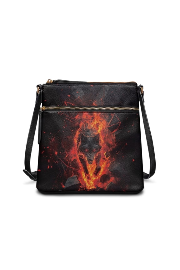 Flame Wolf Print PU Leather Crossbody Bags for Women Fashion Multiple Pockets Bag Satchel Lightweight Messenger Bag Shoulder Handbags with Zipper for Working Workout