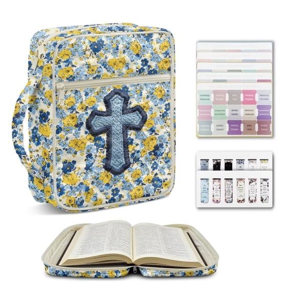 ZUXONGSY Floral Cross Print Quilted Bible Cover for Women Girls Large Bible Carrying Case with Handles Durable Christian Study Supplies Gifts