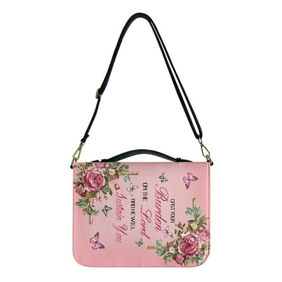 ZUXONGSY Flower Butterfly Cross Print Bible Covers for Women Cast Your Burden On The Lord Waterproof Faux Leather Portable Bible Case Bag with Handle and Shoulder Strap Lightweight Bible Carrier, XXL