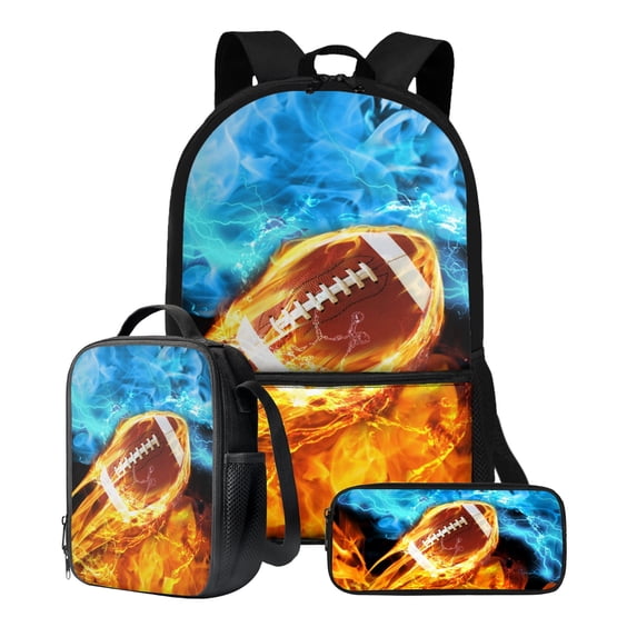 ZUXONGSY Football Fire Lightning Print Children Backpack Kids School Bookbag with Lunch Box Pencil Case 3 Piece School Bag for Boys Girls Large Capacity Rucksack Satchel Casual Daypack
