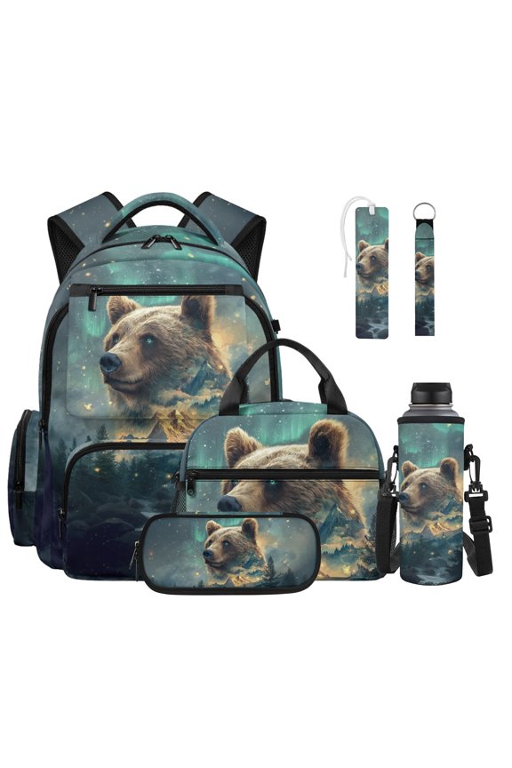Forest Bear Print 6 Pack Kids Backpack Set with Lunch Bag, Pencil Case, Water Bottle Pocket, Keychain and Bookmark, 17 Inch Lightweight Student Bookbag for Boys Elementary School