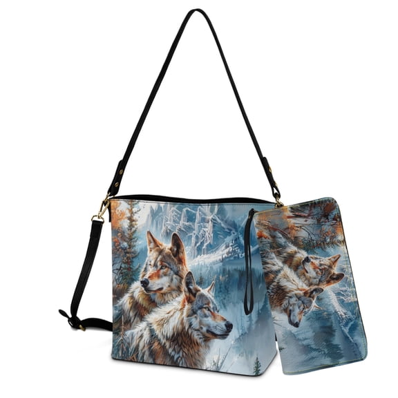 ZUXONGSY Forest Snowy Mountain Wolf Print Crossbody Hobo Bag with Wallet Set for Women Large Leather Crossbody Handbag with Wrist Wallet Casual Crossbody Handbag with Leather Wallet for Dating