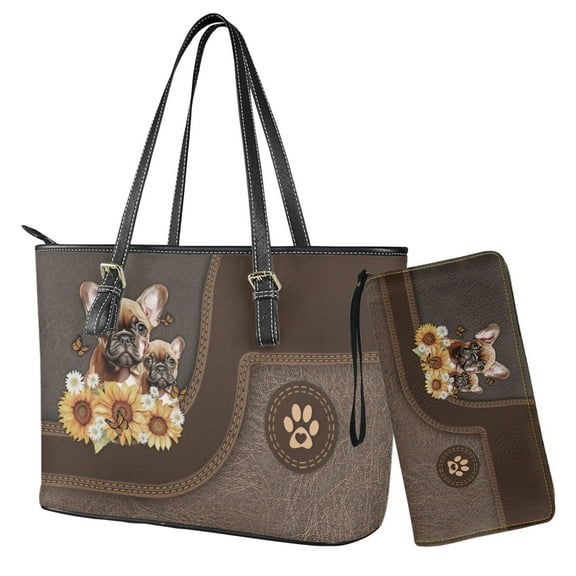 ZUXONGSY French Bulldog Sunflower Butterfly Print Wallet and Purse Set Top Handle Handbag with Wristlet Wallet Set Lightweight Leather Tote Bag Hobo Bag with Purse for Women