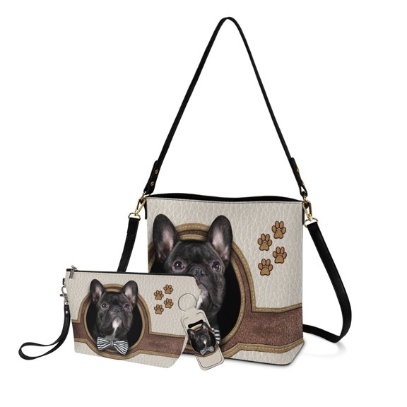 ZUXONGSY Frenchie Dog Paw Print Top-Handle Handbags with Large Capacity Makeup Pouch and Chapstick Pouch for Women Crossbody Hobo Bag Set with Cosmetic Pouch Purse Lip Balm Gloss Holder