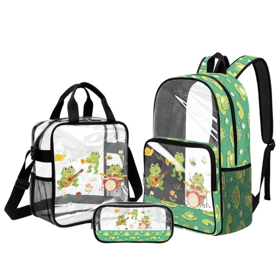 ZUXONGSY Frog Bee Print 17" Clear Backpack for School Girls and Boys See Through Bookbag Set with Lunch Box and Pencil Pouch, 3Pcs Heavy Duty PVC Set Back to School Gifts