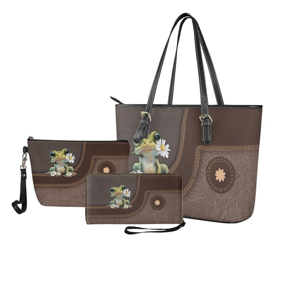 ZUXONGSY Frog Daisy Flower Print Handbag with Large Capacity Makeup Bag Purse for Women PU Leather Top Handle Satchel Set with Fashion Cosmetic Pouch Purse Card Holder for Workout Dating