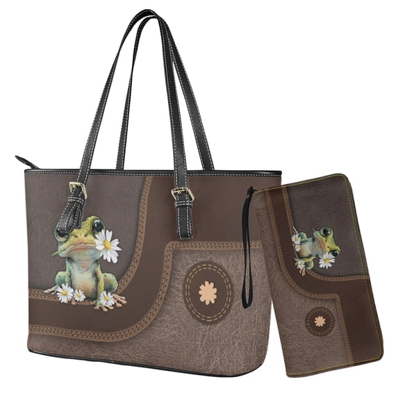 ZUXONGSY Frog Daisy Flower Print Handbag and Wallet Sets for Women Top Handle Totes with Matching Wallet Leather Shoulder Handbag Clutch Purse for Women Ladies