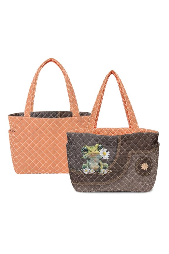 Frog Daisy Print Reversible Lightweight Tote Bag for Women, Quilted Handbag with Multi-Pocket, Large Capacity Top Handle Satchel Shoulder for Work, Shopping, Orange
