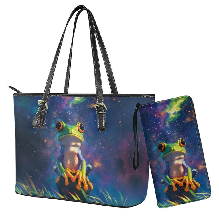 ZUXONGSY Frog Galaxy Print PCS Tote Bag Handbag with Wallet Set