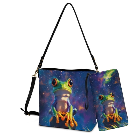 ZUXONGSY Frog Galaxy Print Trendy Crossbody Handbag with Leather Wallet for Women, Lightweight Bucket Bag Tote Purse Set for Daily Use Travel