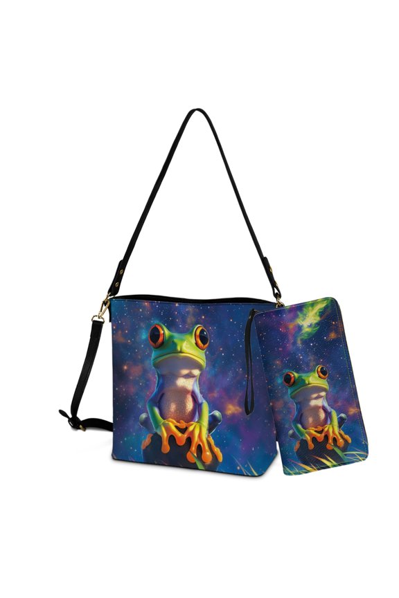 Frog Galaxy Print Trendy Crossbody Handbag with Leather Wallet for Women, Lightweight Bucket Bag Tote Purse Set for Daily Use Travel