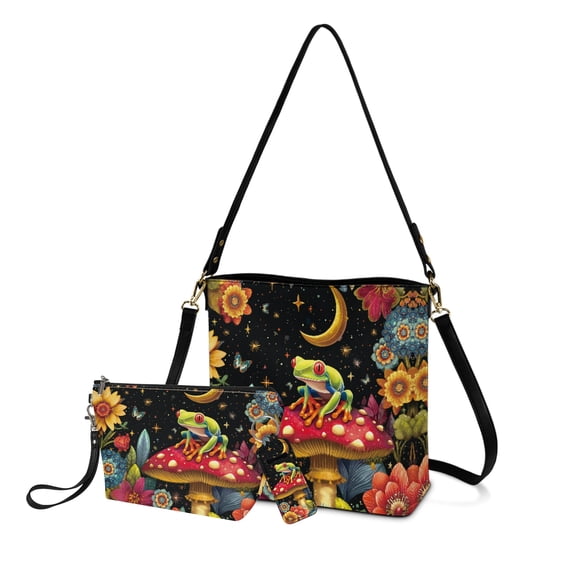 ZUXONGSY Frog Mushroom Moon Print Top-Handle Handbags with Portable Makeup Bag and Keychain Holder for Women Crossbody Handbag Set with Cosmetic Pouch Purse Chapstick Pouch