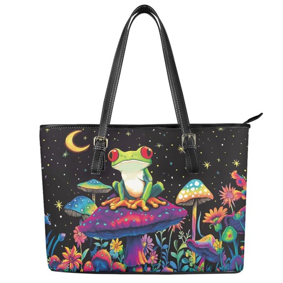 ZUXONGSY Frog Mushroom Moon Print Tote Bag for Women Fashion Top Handle Satchel Practicality Shoulder Bag with Zippered for Shopping Work