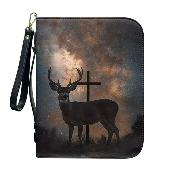 ZUXONGSY Galaxy Elk Cross Print PU Leather Bible Cover Case for Women Men Lightweight Bible Book Carrying Case Durable Bible Cover Bag with Detachable Wristlet Strap Journal Case, XL