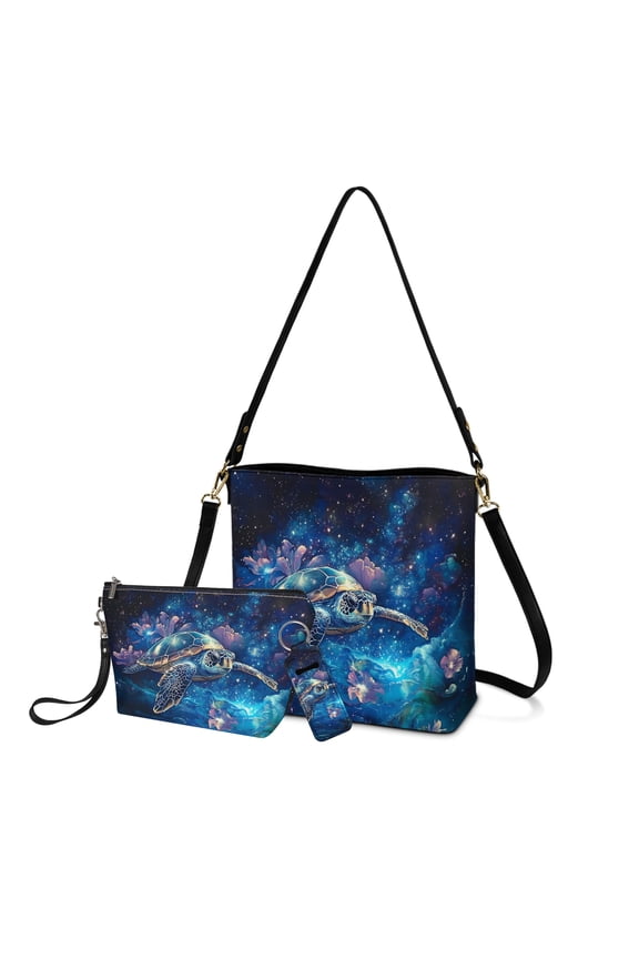 Galaxy Sea Turtle Lotus Print Top-Handle Handbags with Fashion Cosmetic Bags and Lip Balm Holder for Women Shoulder Bag Set with Travel Toiletry Bag Lipstick Holder