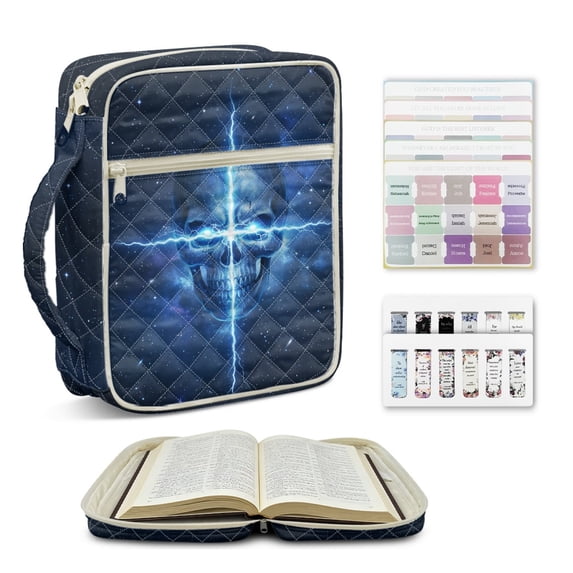 ZUXONGSY Galaxy Skull Cross Print Large Quilted Bible Cover for Women, Bible Bag with Zipper Pocket & Handle, Christian Book Carrying Case for ChuZU, Study, Gift