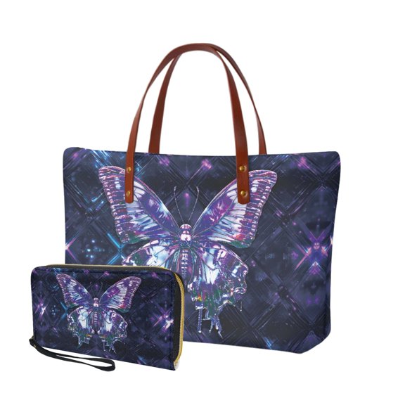 ZUXONGSY Geometric Butterfly Print PU Wallet and Tote Bag Set of 2 for Women Portable Top Handles Shoulder Bag Top Handle Tote Bag with Cash Wallet for Shopping Excursions Outings
