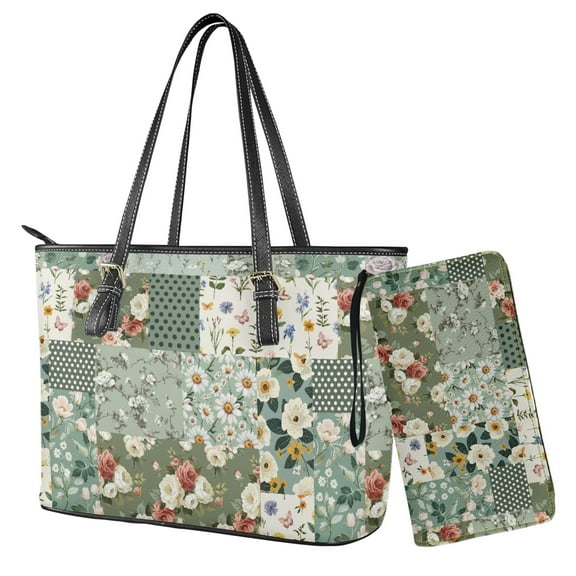 ZUXONGSY Geometric Daisy Flower Rose Print 2 Pieces Waterproof Tote Handbag Card Holder Set for Women Large Capacity Work Bag with Matching Wallet Set for Shopping Work