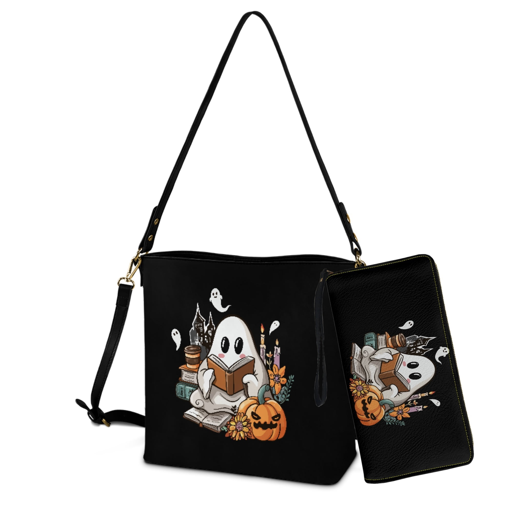 ZUXONGSY Ghost Pumpkin Print Bucket Crossbody Bag Set for Women Lady Lightweight Crossbody Hobo Bag with Wallet Set Large 2 Pcs Bucket Purse Set for Shopping