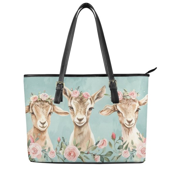ZUXONGSY Goat Rose Print Top Handle Bag for Women Lightweight Travel Purse PU Leather Top Handle Satchel with Handle for Shopping Work