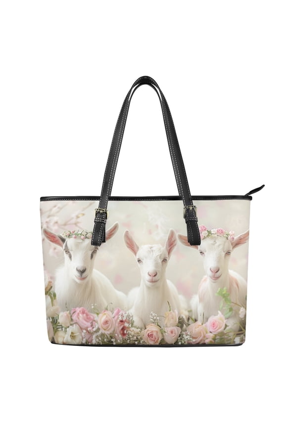 Goat Rose Print Top Handle Bag for Women PU Leather Travel Purse Fashion Laptop Tote Bag with Zippered for Travel Shopping