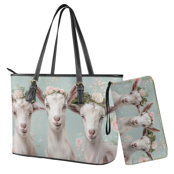 ZUXONGSY Goat Rose Print Womens Wallet and Purse Set Tote Bag Hobo Shoulder Handbag with Matching Purse Pu Leather Top Handle Handbag