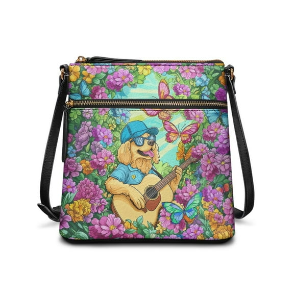 ZUXONGSY Golden Retriever Butterfly Peony Flower Print PU Shoulder Bag for Women Large Crossbody Handbag Sling Hobo Bag Waterproof Travel Bag with Zipper for Shopping Working