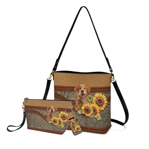 ZUXONGSY Golden Retriever Sunflower Print Bucket Crossbody Bag with Casual Cosmetic Bags and Chapstick Holder for Women Crossbody Handbag Set with Cosmetic Pouch Purse Lip Balm Holder