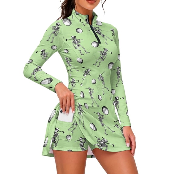 ZUXONGSY Green Golf Skull Print Womens Long Sleeve Golf Dress with Shorts and Pockets, Quarter Zip Athletic Tennis Dress, Lightweight Stretchy Workout Dress for Travel Outdoor, L